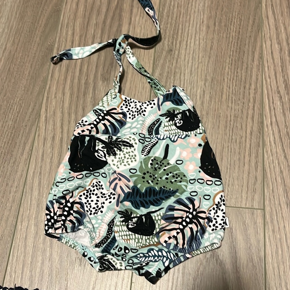 Little and lively, halter romper. 0-6mos